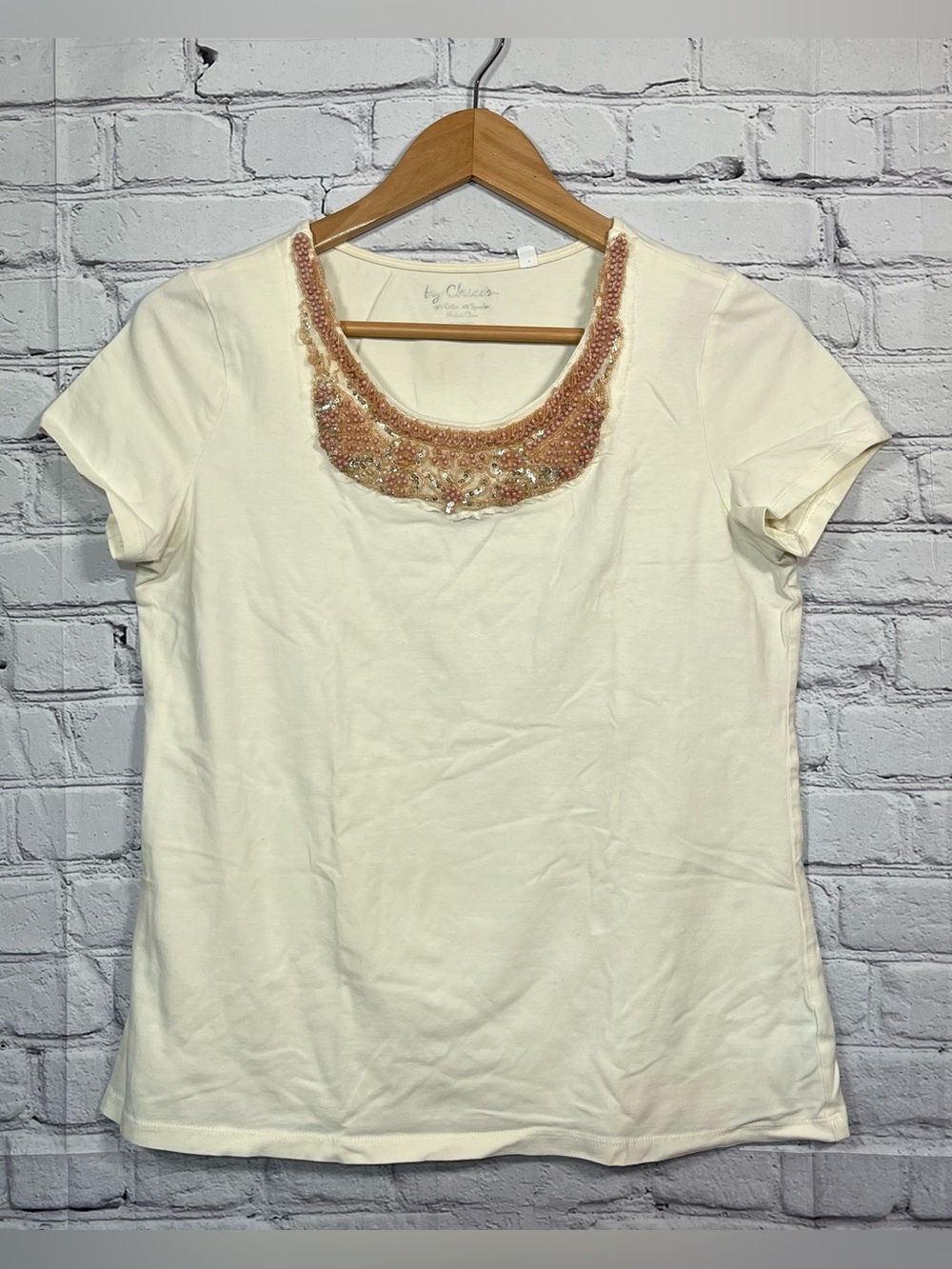 Chico's Tee T-Shirt Top Womens Size 1 Medium Ivory Beaded Cotton Blend
